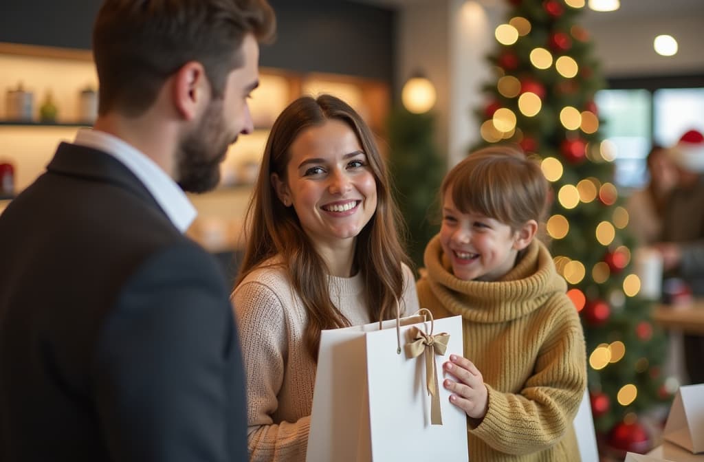  advertising style, stock photo, corporate branding style family with craft bags at checkout in store close up. christmas tree blurred in background . professional, clean, modern, product focused, commercial, eye catching, minimalist, business oriented, highly detailed