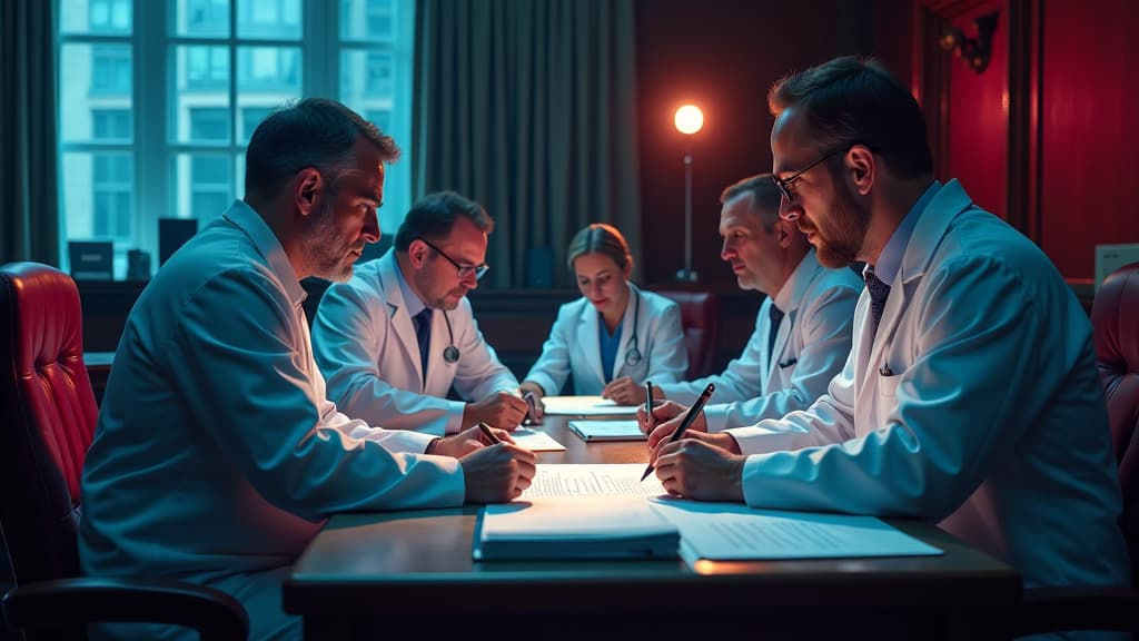  prompt: create a hyper realistic and detailed image that visually represents the complexities of medical liability law in 2024. the scene should feature a dramatic courtroom setting filled with intense light and color. show a group of medical experts meticulously examining detailed medical records, highlighting the importance of analyzing medical errors. in the foreground, include a patient presenting evidence of harm, emphasizing the burden of proof. incorporate a large scale visual of a physic