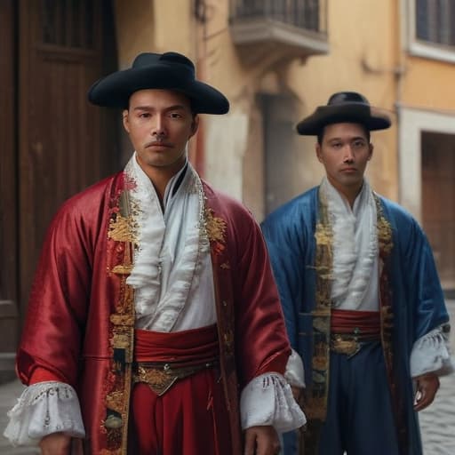 Chinese men in a baroque town in southern Italy hyperrealistic, full body, detailed clothing, highly detailed, cinematic lighting, stunningly beautiful, intricate, sharp focus, f/1. 8, 85mm, (centered image composition), (professionally color graded), ((bright soft diffused light)), volumetric fog, trending on instagram, trending on tumblr, HDR 4K, 8K