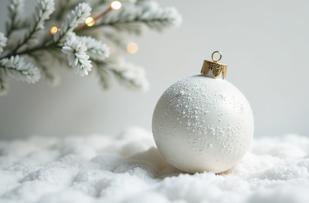  professional detailed photography, christmas white ball on white background ar 3:2, (muted colors, dim colors, soothing tones), (vsco:0.3)