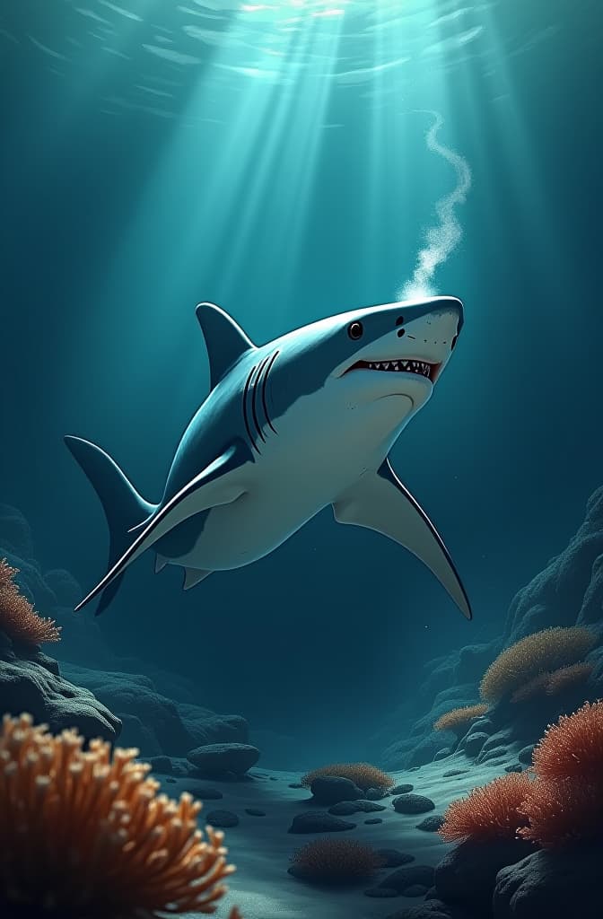  "illustrate a hammerhead shark with muscular legs, named 'martillo patas,' walking on the ocean floor. the shark should have a heroic and friendly expression, with a small stream of steaming broth coming from its mouth, symbolizing its special ability. set the scene in the deep ocean, with coral reefs and dark underwater landscapes, capturing an adventurous and magical vibe., realistic fantasy d & d character, closeup portrait art by donato giancola and greg rutkowski, realistic face, digital art, trending on artstation hyperrealistic, full body, detailed clothing, highly detailed, cinematic lighting, stunningly beautiful, intricate, sharp focus, f/1. 8, 85mm, (centered image composition), (professionally color graded), ((bright soft diffused light)), volumetric fog, trending on instagram, trending on tumblr, HDR 4K, 8K