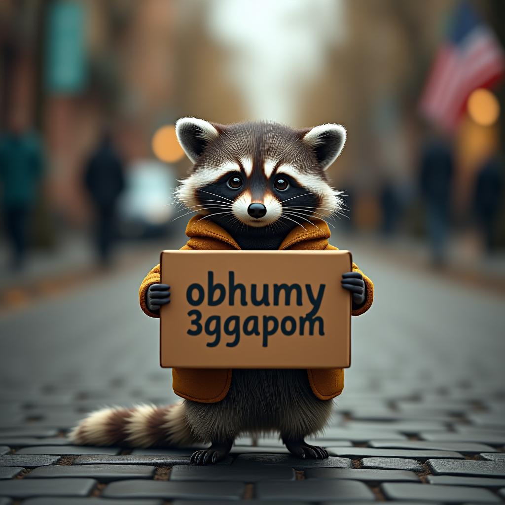  a cute little raccoon stands in the middle of the street, holding a cardboard box in front of him, the inscription "obhumy 3agapom" on the cardboard in charcoal hyperrealistic, full body, detailed clothing, highly detailed, cinematic lighting, stunningly beautiful, intricate, sharp focus, f/1. 8, 85mm, (centered image composition), (professionally color graded), ((bright soft diffused light)), volumetric fog, trending on instagram, trending on tumblr, HDR 4K, 8K