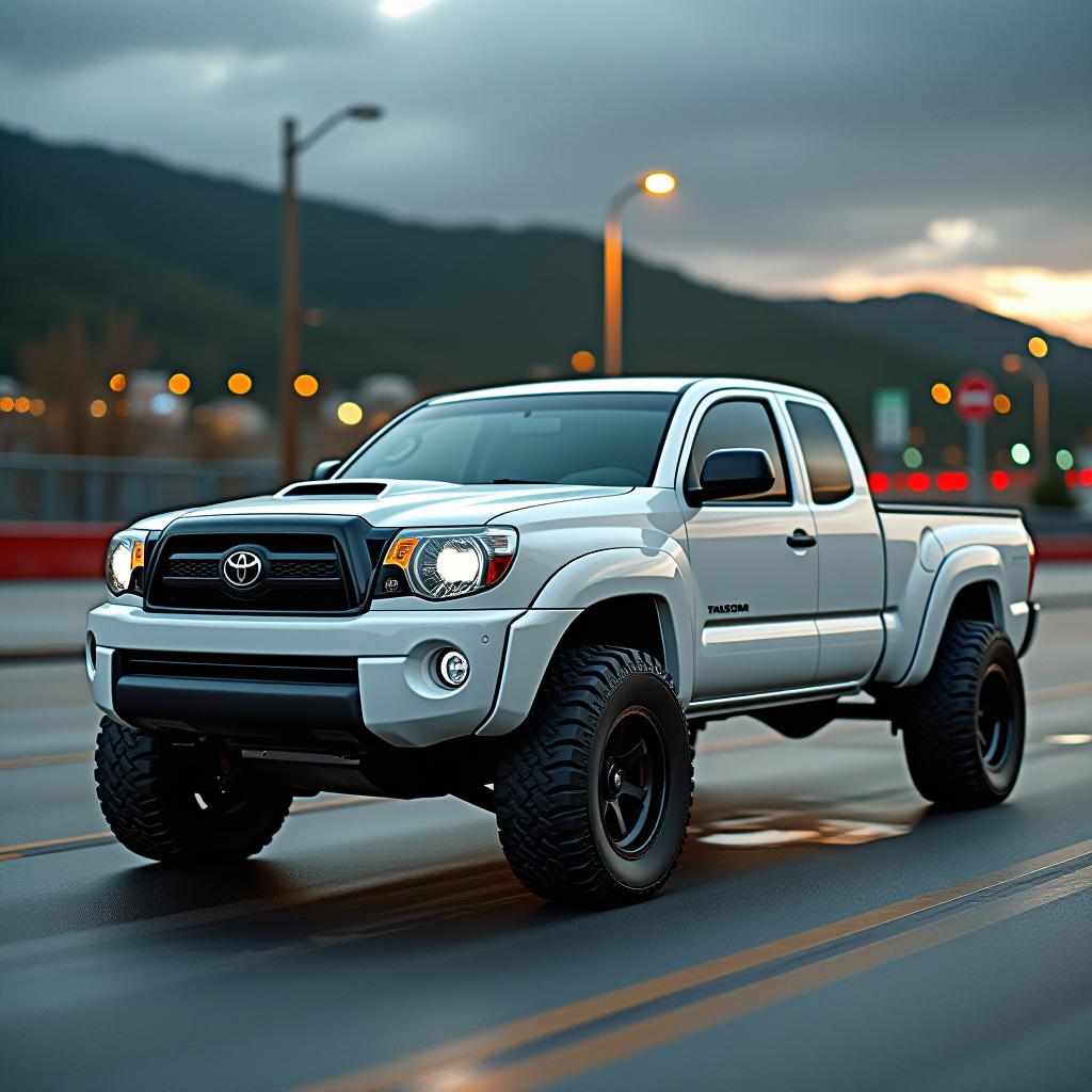  cinematic photo 2008 toyota tacoma, new, stanced, futuristic, gts, trd, lowered, racing, race truck, detailed, 8k, white,single cab, 17x12 wheels, wide body, light weight,. 35mm photograph, film, bokeh, professional, 4k, highly detailed