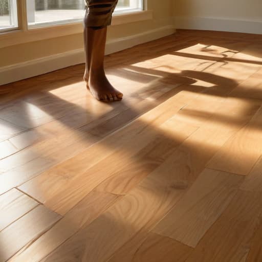 A photo of a skilled craftsman meticulously laying down a patterned hardwood floor in a modern living room in the warm glow of late afternoon sunlight.