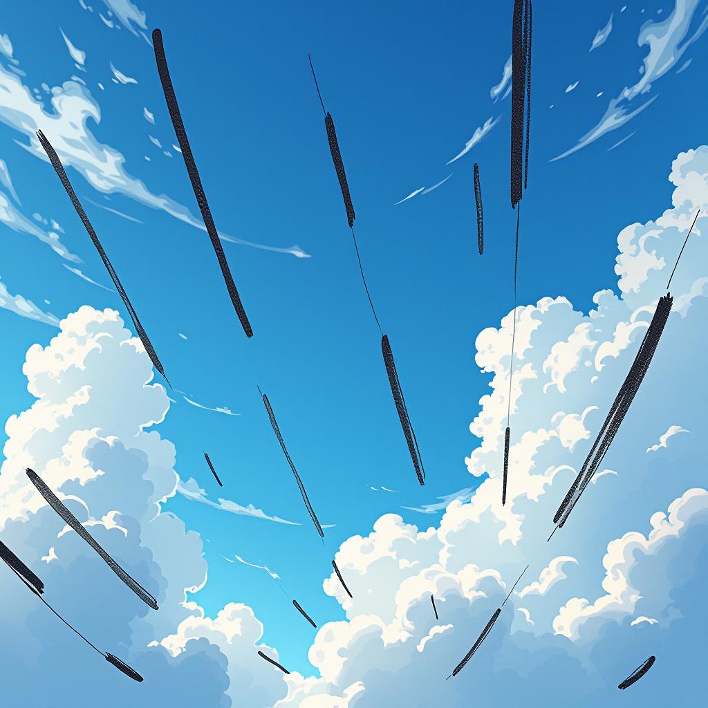  many black pencil scrawl stripes doodle on the sky with a beautiful blue sky background with unique soft white clouds. anime. studio ghibli style. firooze hyperrealistic, full body, detailed clothing, highly detailed, cinematic lighting, stunningly beautiful, intricate, sharp focus, f/1. 8, 85mm, (centered image composition), (professionally color graded), ((bright soft diffused light)), volumetric fog, trending on instagram, trending on tumblr, HDR 4K, 8K