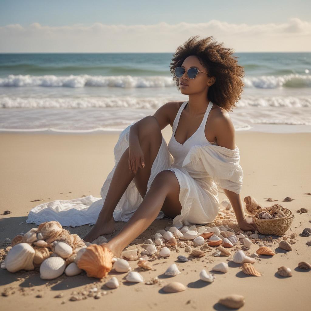 ((masterpiece)),(((best quality))), 8k, high detailed, ultra detailed, A black woman sitting on a beach, seashells scattered on the sand, beach bag, sunglasses, (crashing waves) hyperrealistic, full body, detailed clothing, highly detailed, cinematic lighting, stunningly beautiful, intricate, sharp focus, f/1. 8, 85mm, (centered image composition), (professionally color graded), ((bright soft diffused light)), volumetric fog, trending on instagram, trending on tumblr, HDR 4K, 8K