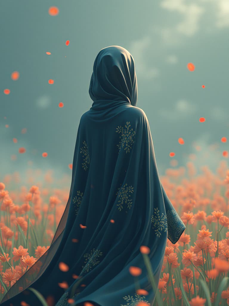  anime girl with hijab from behind flying dress pattern mod  beautiful background with numberless flowers minimalism full details anime studio ghibli 1600×720 !firooze! hyperrealistic, full body, detailed clothing, highly detailed, cinematic lighting, stunningly beautiful, intricate, sharp focus, f/1. 8, 85mm, (centered image composition), (professionally color graded), ((bright soft diffused light)), volumetric fog, trending on instagram, trending on tumblr, HDR 4K, 8K