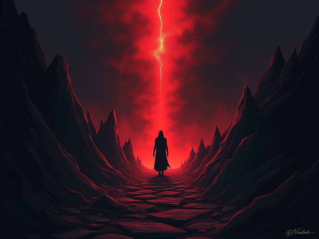  figure emerging from shadows, light illuminating their path, journey towards enlightenment. the style is digital art illustration / modern comic book / graphic dark novel fantasy and mysterious occult, symbolic, moody lighting, esoteric vibe,high detail on character design. for the color scheme emphasize blacks and reds.