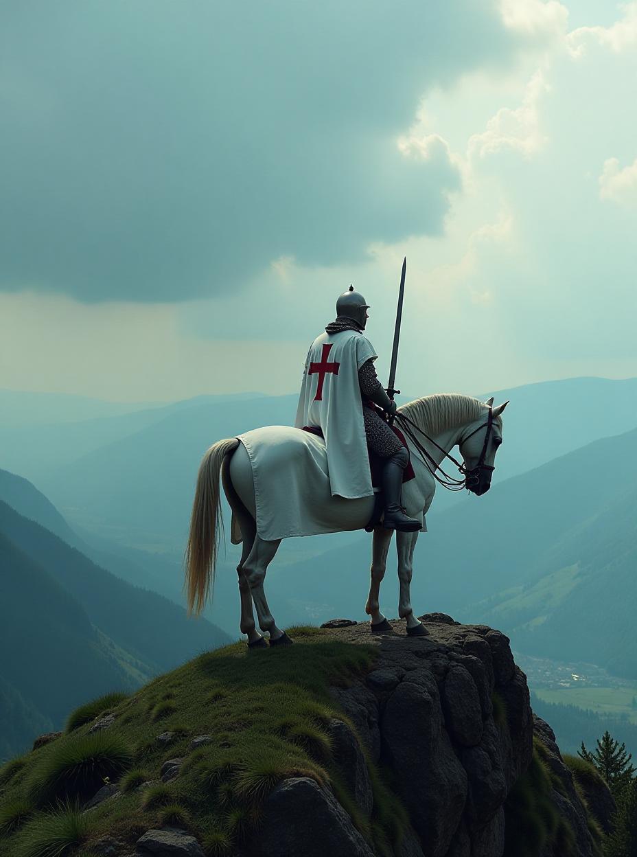  a lone knight, perched atop a hill, cuts a striking figure against the backdrop of the valley below. his horse, equally regal, stands still, seemingly accustomed to the weight of its rider and the responsibility that comes with being a knight's steed. the knight is clad in a pure white dress, a stark contrast to the lush green of the hill and the dark, ominous expanse of the valley. a red cross adorns his chest, a symbol of his allegiance and a beacon of hope for those who follow him. in his right hand, he grips a sword, its polished steel glinting in the sunlight. the sword, a symbol of his skill and a tool of his trade, is a testament to the countless hours he has spent training and honing his craft. in his left hand, he holds a shield, 