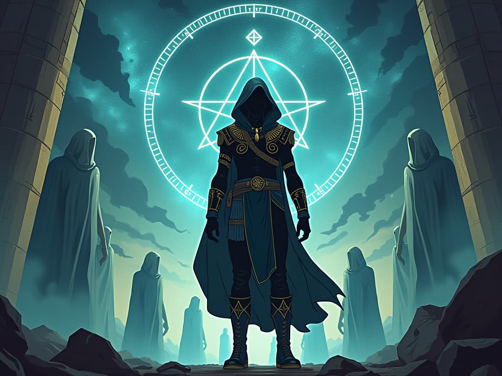  a seeker in modern attire, standing at the intersection of reality and the supernatural, reminiscent of oisín, surrounded by ghostly figures and mystical symbols, a connection to other realms. the style is digital art illustration / modern comic book / mysterious occult, symbolic, esoteric vibe,high detail on character design, incorporating ancient egyptian symbology and attire.