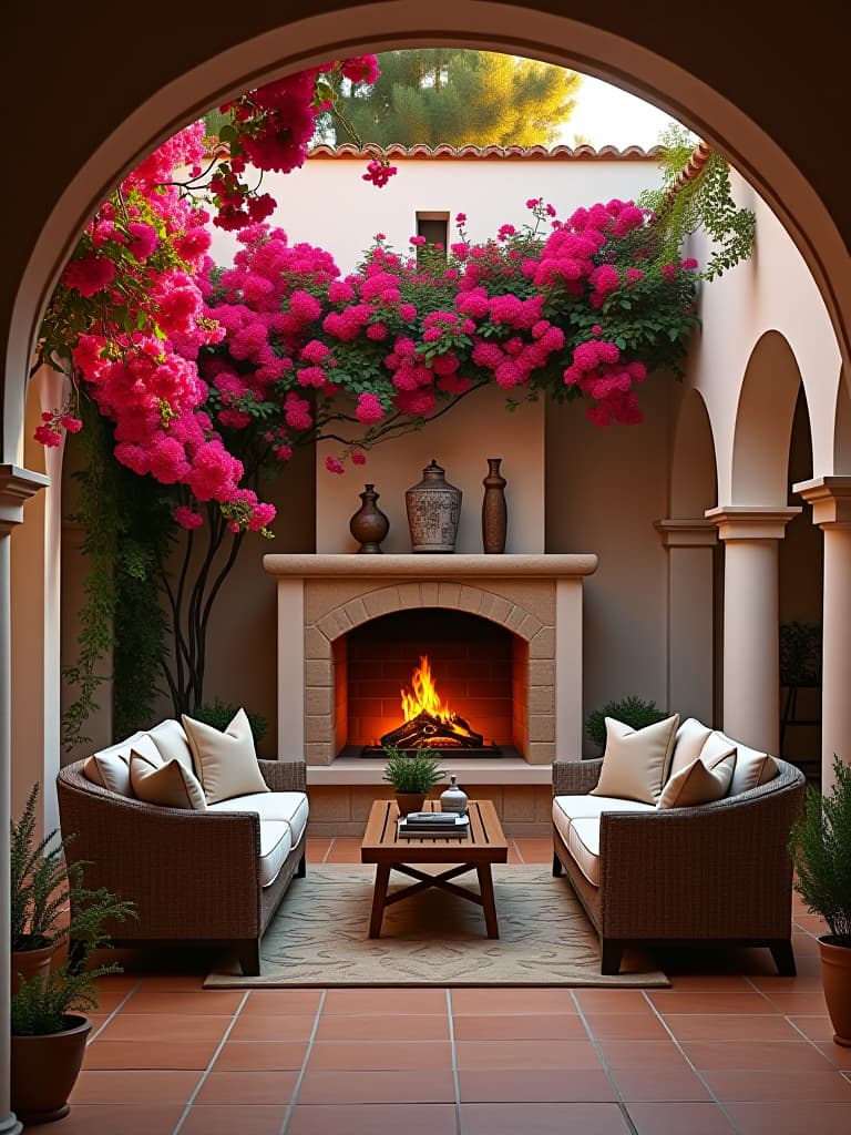  high quality portrait photo of a cozy mediterranean style patio with terracotta tiles, whitewashed walls, and cascading bougainvillea, featuring a built in stone fireplace and plush outdoor sofas, shot during the golden hour hyperrealistic, full body, detailed clothing, highly detailed, cinematic lighting, stunningly beautiful, intricate, sharp focus, f/1. 8, 85mm, (centered image composition), (professionally color graded), ((bright soft diffused light)), volumetric fog, trending on instagram, trending on tumblr, HDR 4K, 8K