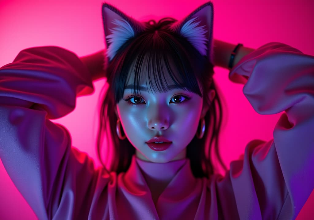  a photo realistic 40 asian cosplaying as a cat , over with her hands behind her head and looking ly and her age is vint and eye catching. her body captures her beauty and the lively colors of her clothing, making it an interesting and visually appealing piece of art. beautiful perfect eyes, perky big s, a korean goddess, geometric shapes, bold colors, dynamic composition,beautiful perfect eyes, perky s, a korean goddess . cyberpunk, vaporwave, neon, vibes, vint, stunningly beautiful, crisp, detailed, sleek, ultramodern, magenta highlights, dark purple shadows, high contrast, cinematic, ultra detailed, intricate, professional, (masterpiece), (best quality), (ultra detailed), she is