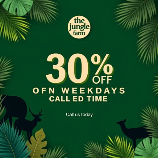  create a wildlife themed offer post for 'the junglee farm' with the following elements: main message: '30% off on weekdays' in bold, natural colored font (dark green or earthy brown). call to action: 'call us today' prominently displayed below the offer. theme: incorporate elements of wildlife, such as silhouettes of animals (e.g., deer, elephants, birds), lush greenery, and natural textures like wood or leaves. logo style: place 'the junglee farm' logo at the top of the post. the logo should use a bold, serif font with slightly curved edges, similar to the one provided. the text should have an embossed or slightly raised effect, in an off white or light cream color, on a dark green background. the logo should be surrounded by jungle folia hyperrealistic, full body, detailed clothing, highly detailed, cinematic lighting, stunningly beautiful, intricate, sharp focus, f/1. 8, 85mm, (centered image composition), (professionally color graded), ((bright soft diffused light)), volumetric fog, trending on instagram, trending on tumblr, HDR 4K, 8K