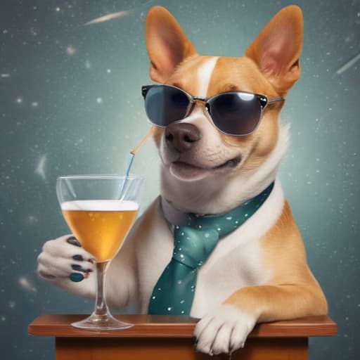 A dog drinking a martini while using a cell phone in Cartoon style with Space background