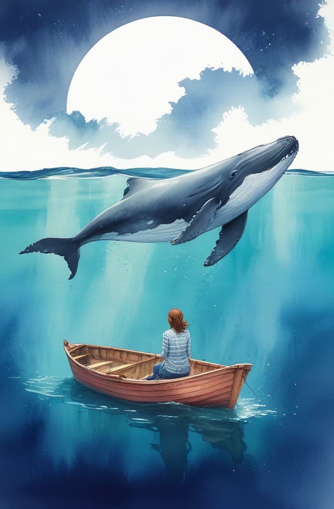 Create artwork lonely woman in small wooden boat swimming in ocean. under boat in water is a huge whale to see --ar 2:3 using watercolor techniques, featuring fluid colors, subtle gradients, transparency associated with watercolor art