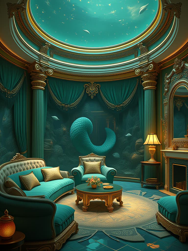  a luxurious mermaid mansion living room in the deep sea. the house is round li and big metallic green and gold ver shiny . with mermaid furniture