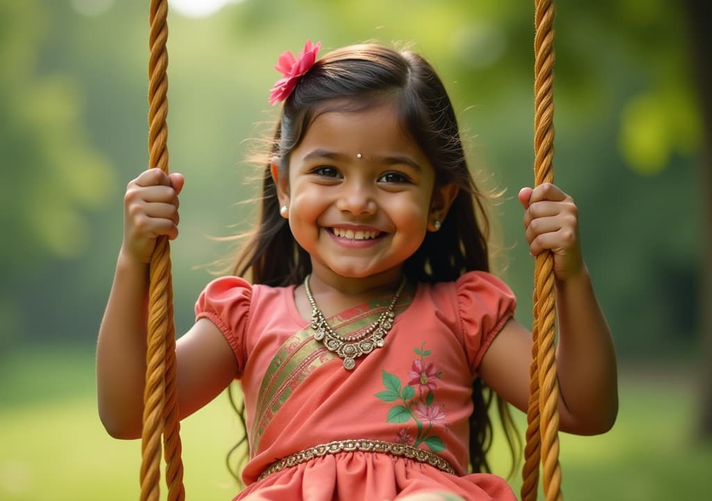  realistic photo of a bangladeshi girl riding on a swing with smiling face., high quality, high details, hd, perfect composition, 4k epic detailed, highly detailed, sharp focus, high resolution