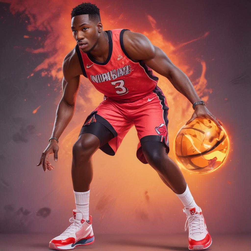 distance-shot, flashy, full-body, dynamic, holographic, animated cartoon poster of miami heat player bam adebayo in the style of dragon ball super