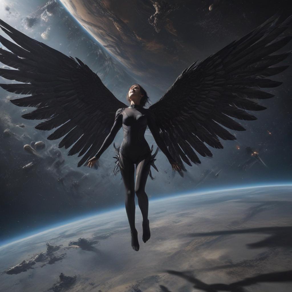 a woman wearing a shadowy full length bodysuit unfurls two enormous wings made of shadow matter as she flies next to a space battle