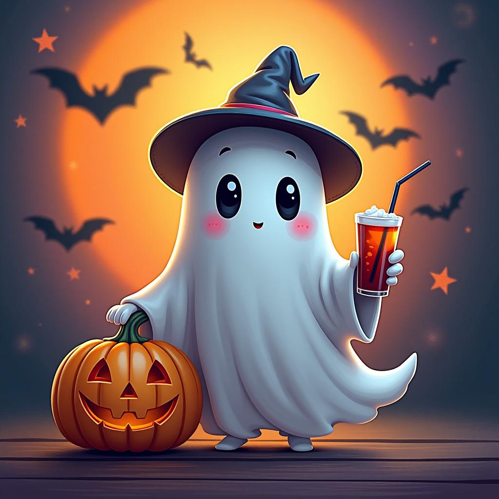  create a digital painting featuring a cute ghost character. the ghost should be wearing a hat. in one hand, the ghost should hold a pumpkin with a carved face, and in the other hand, a halloween themed drink. the background should be colorfull and include small black bats and stars to add a playful halloween touch. the overall style should be cute, whimsical, and colorful hyperrealistic, full body, detailed clothing, highly detailed, cinematic lighting, stunningly beautiful, intricate, sharp focus, f/1. 8, 85mm, (centered image composition), (professionally color graded), ((bright soft diffused light)), volumetric fog, trending on instagram, trending on tumblr, HDR 4K, 8K