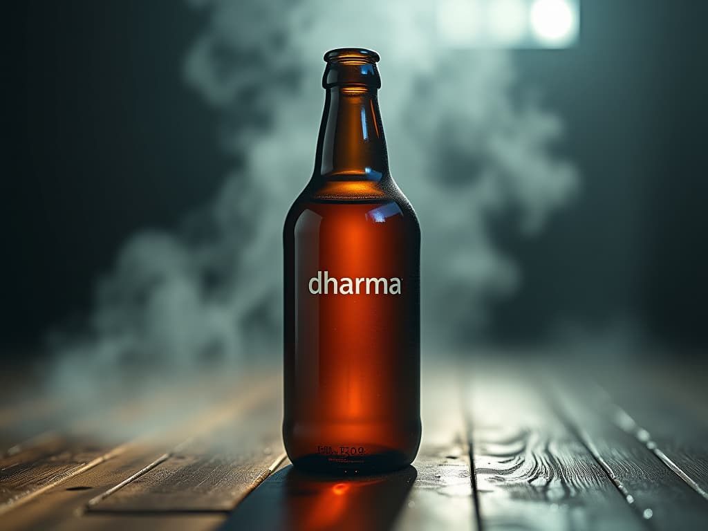  a brown glass bottle, the bottle has a label with the text “dharma” hyperrealistic, full body, detailed clothing, highly detailed, cinematic lighting, stunningly beautiful, intricate, sharp focus, f/1. 8, 85mm, (centered image composition), (professionally color graded), ((bright soft diffused light)), volumetric fog, trending on instagram, trending on tumblr, HDR 4K, 8K