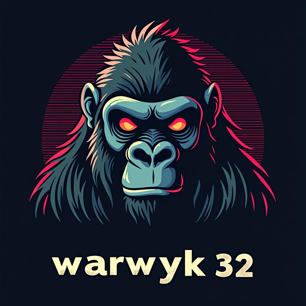  design a logo, in a surrealism style. electronic gorilla, with the text 'warwyck 32'.