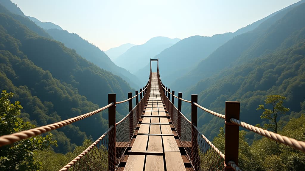  suspension bridge made of wood and hemp rope isolated on a transparent background in a mountain valley