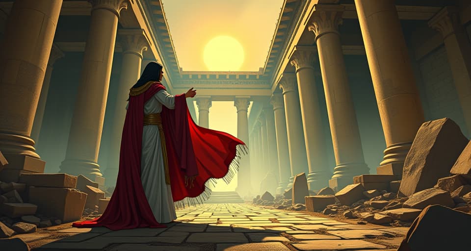  ruined temple, figure picking up torn regal robes from the ground, symbolizing reclaimed dignity amidst ruins.. the style is digital art illustration / modern comic book / mysterious occult, symbolic, esoteric vibe,high detail on character design, incorporating ancient egyptian symbology and attire.