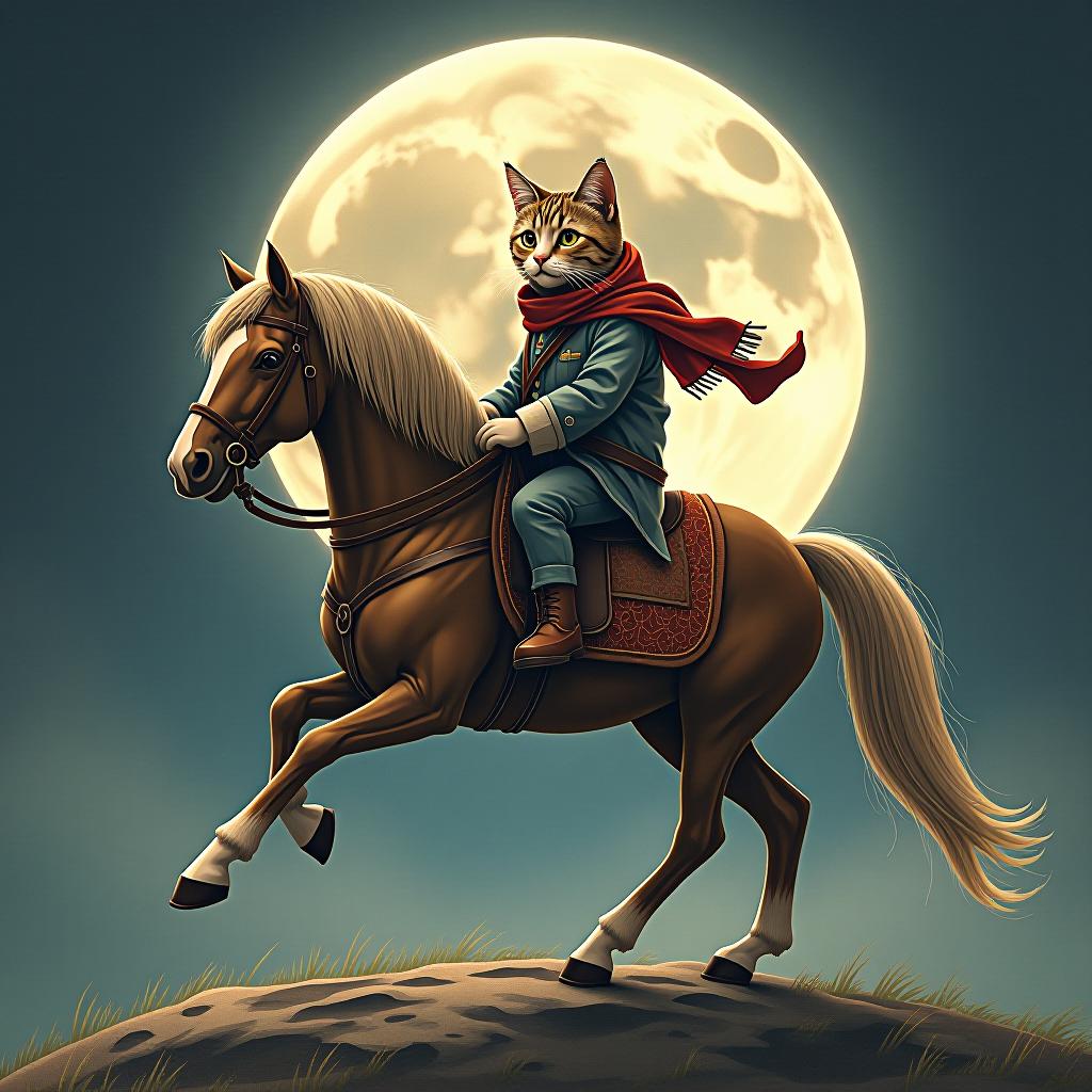  a cat riding a horse, hand drawn, on the moon, studio light, hdr 4k hyperrealistic, full body, detailed clothing, highly detailed, cinematic lighting, stunningly beautiful, intricate, sharp focus, f/1. 8, 85mm, (centered image composition), (professionally color graded), ((bright soft diffused light)), volumetric fog, trending on instagram, trending on tumblr, HDR 4K, 8K