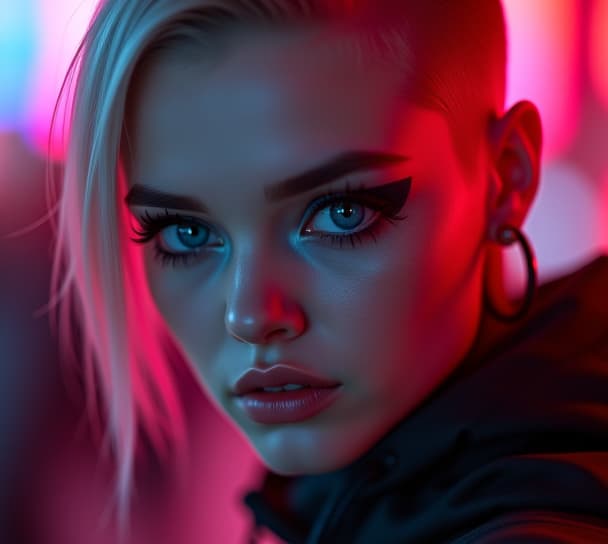  ultra realistic close up portrait ((beautiful pale cyberpunk female with heavy black eyeliner)), blue eyes, shaved side haircut, hyper detail, cinematic lighting, magic neon, dark red city, canon eos r3, nikon, f/1.4, iso 200, 1/160s, 8k, raw, unedited, symmetrical balance, in frame, 8k hyperrealistic, full body, detailed clothing, highly detailed, cinematic lighting, stunningly beautiful, intricate, sharp focus, f/1. 8, 85mm, (centered image composition), (professionally color graded), ((bright soft diffused light)), volumetric fog, trending on instagram, trending on tumblr, HDR 4K, 8K