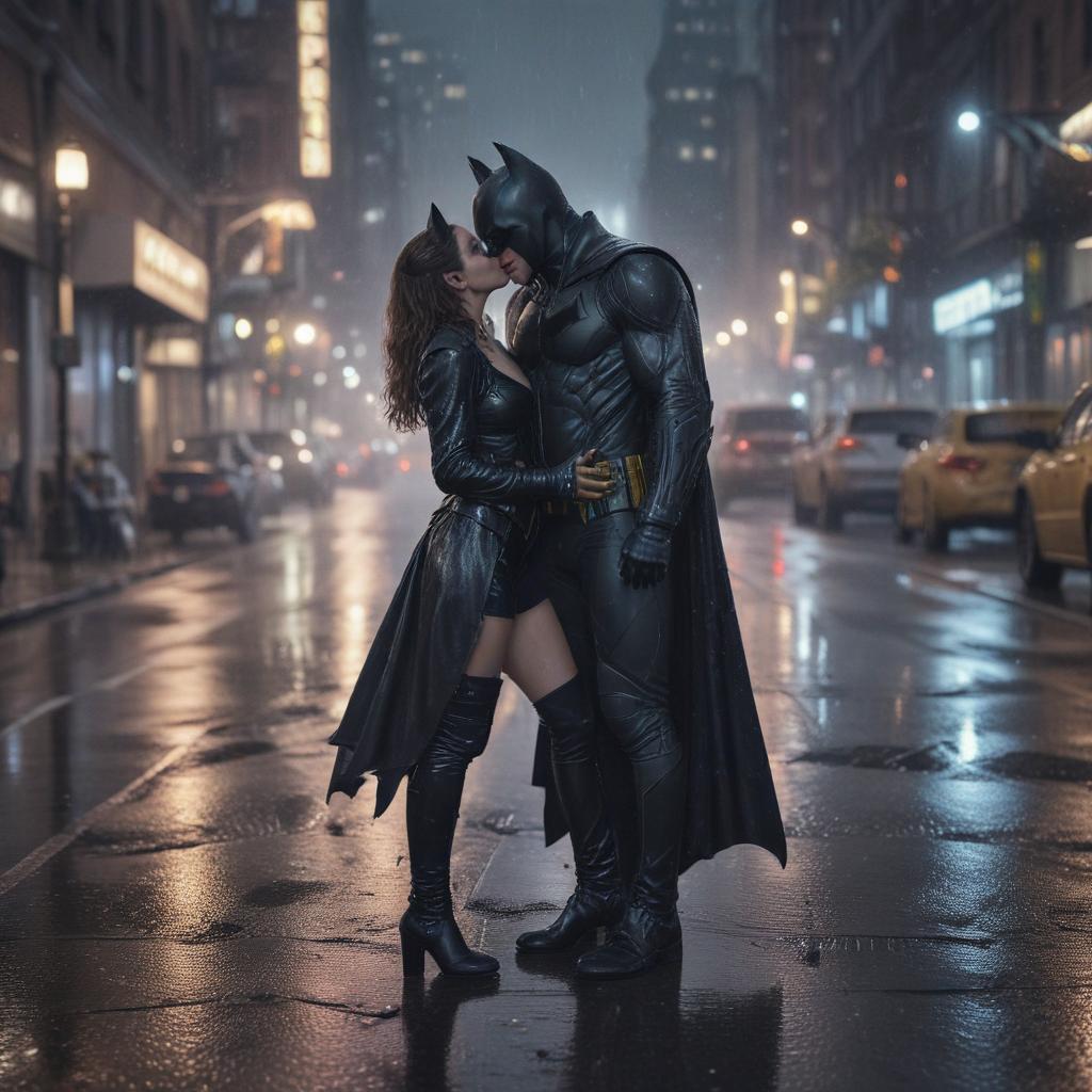 ((masterpiece)),(((best quality))), 8k, high detailed, ultra detailed, Cat Woman kissing Batman, urban cityscape, rain soaked streets, neon lights reflecting off wet pavement hyperrealistic, full body, detailed clothing, highly detailed, cinematic lighting, stunningly beautiful, intricate, sharp focus, f/1. 8, 85mm, (centered image composition), (professionally color graded), ((bright soft diffused light)), volumetric fog, trending on instagram, trending on tumblr, HDR 4K, 8K