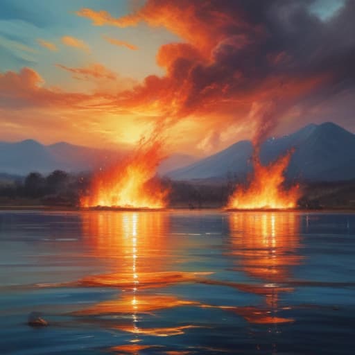 Fire on the water with land and sky in Oil painting style