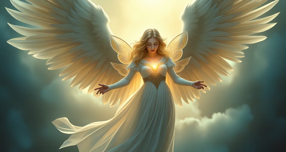  majestic guardian angel with outstretched wings enveloping a vulnerable fairy, the light surrounding them symbolizing protection and divine acts.. the style is digital art illustration,highly detailed, whimsical,magical, dreamlike atmosphere, realism and fantasy blend, smooth, glossy textures,luminous quality, wonder and enchantment.