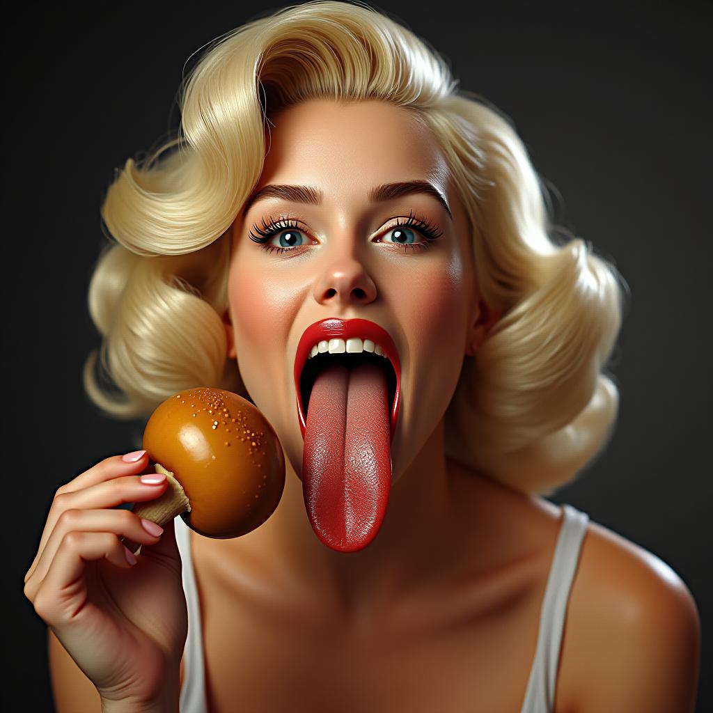  beautiful marilyn monroe sticking her large flat tongue fully out, covered in sweat, holding a tan colored cylinder with a mushroom at the end, award winning, professional, highly detailed, masterpiece