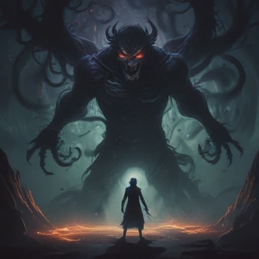 In the digital art style of Akina Fujiwara, create an image of "Demonic Aura." The scene depicts a sinister, shadowy figure made up of twisted black energy, surrounded by a swirling dark aura. The figure is composed of 2+ effect monsters, including a menacing pendulum monster at its core. In the background, a portal to the shadow realm crackles with dark energy. The atmosphere is eerie and foreboding, with a sense of powerful magic at play. fantastical creatures or characters inspired by mythology, folklore, or popular culture. use vibrant colors, sharp lines, intricate details, dynamic poses, dramatic lighting, atmospheric backgrounds, and blend anime, manga, and Western comic influences.