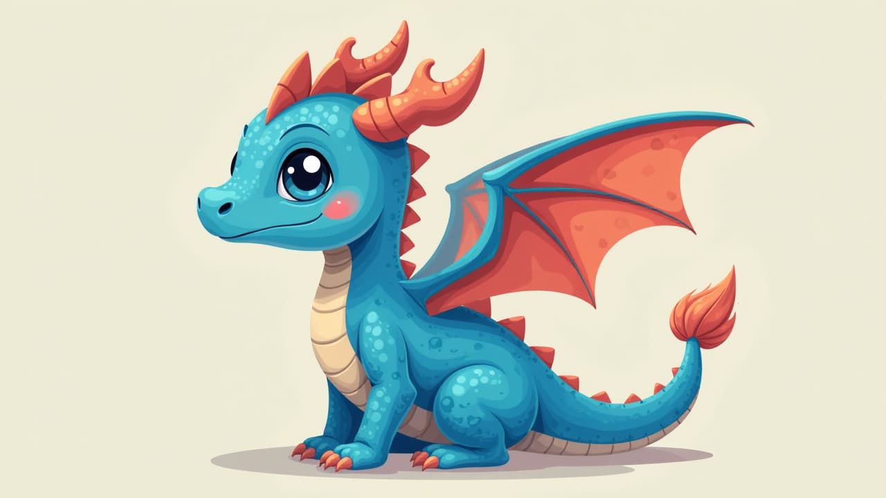  flat vector design of a cute little blue dragon, high quality, high details, hd, perfect composition, 4k epic detailed, highly detailed, sharp focus, high resolution