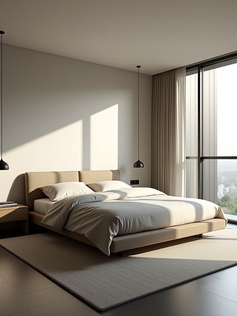  high quality portrait photo of a sleek, minimalist bedroom with a low profile platform bed, neutral color palette, and large windows allowing natural light, showcasing modern decor principles hyperrealistic, full body, detailed clothing, highly detailed, cinematic lighting, stunningly beautiful, intricate, sharp focus, f/1. 8, 85mm, (centered image composition), (professionally color graded), ((bright soft diffused light)), volumetric fog, trending on instagram, trending on tumblr, HDR 4K, 8K