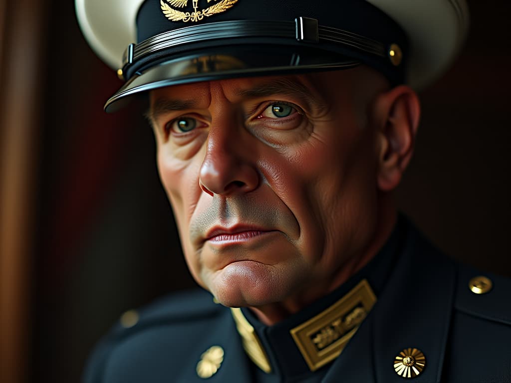  a close up portrait of admiral raymond spruance, illustrating his serious demeanor as he plans the naval strategy for the battle of the philippine sea. hyperrealistic, full body, detailed clothing, highly detailed, cinematic lighting, stunningly beautiful, intricate, sharp focus, f/1. 8, 85mm, (centered image composition), (professionally color graded), ((bright soft diffused light)), volumetric fog, trending on instagram, trending on tumblr, HDR 4K, 8K