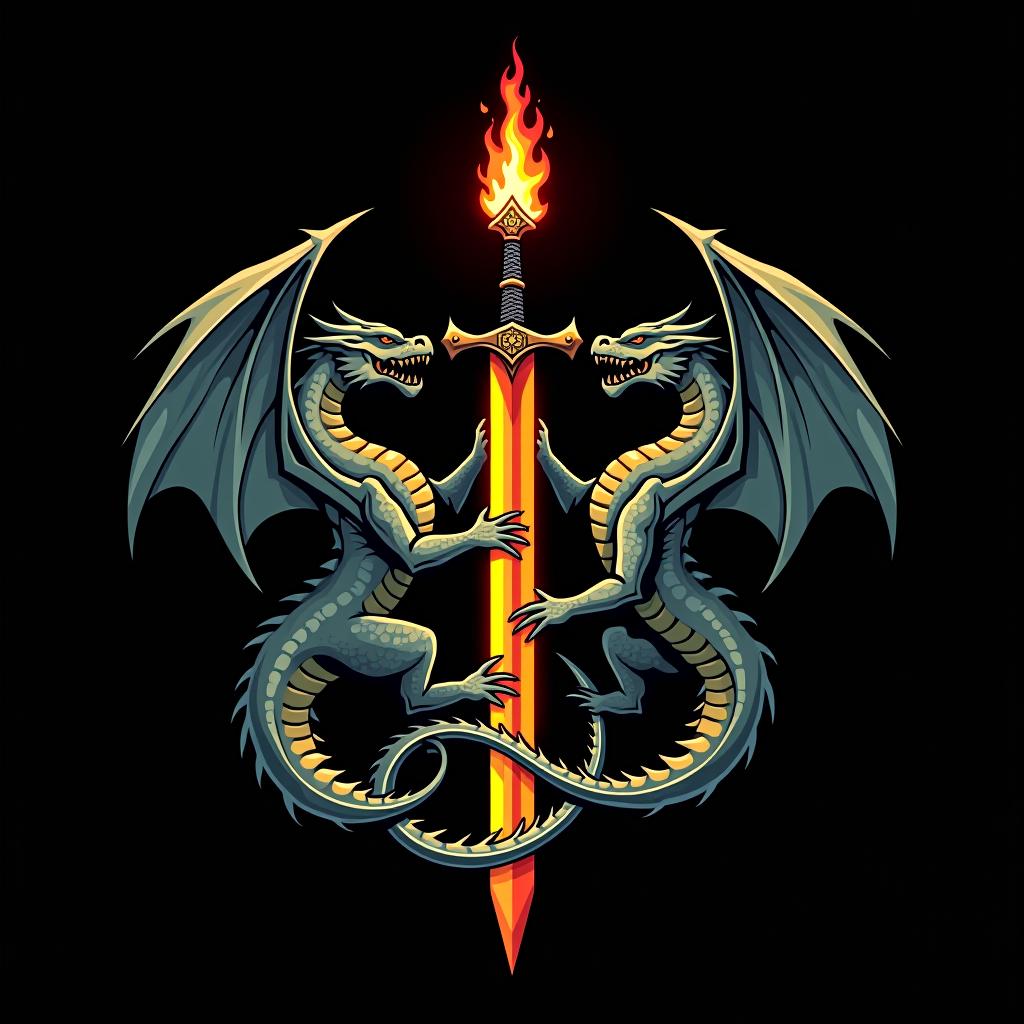  logo, custom sticker design on an isolated black background decorated by mythical dragons and a flaming sword