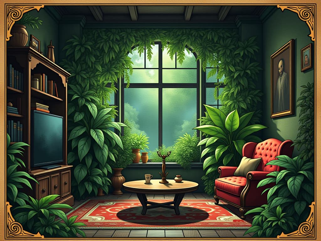  living room transformed into a lush garden, abundance of green foliage, sunlight enhancing colors, tranquil and serene mood, life in balance. an illustration in the style of a worn, mystical old tarot trump card, mysterious and elements of surrealism. the colors are muted, somber and eerie, but with contrast bring out an occult and esoteric vibe.