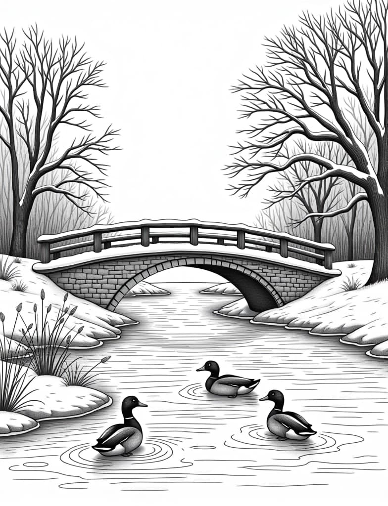  this is for an adult coloring page. a detailed black and white line art of a snowy snowy bridge over a frozen pond with ducks swimming nearby on a solid white background.