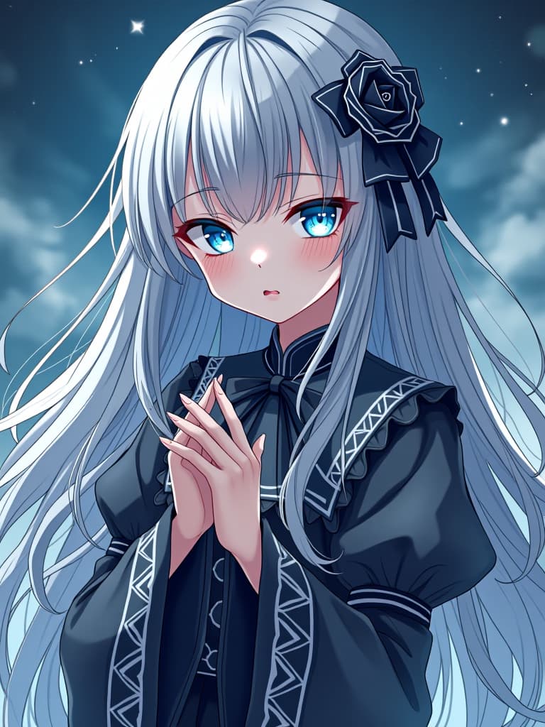  silver haired long rounded hair, eye color is silver, the pattern in the sky, gothic loli clothes, both hands, masterpiece, best quality,8k,ultra detailed,high resolution,an extremely delicate and beautiful,hyper detail