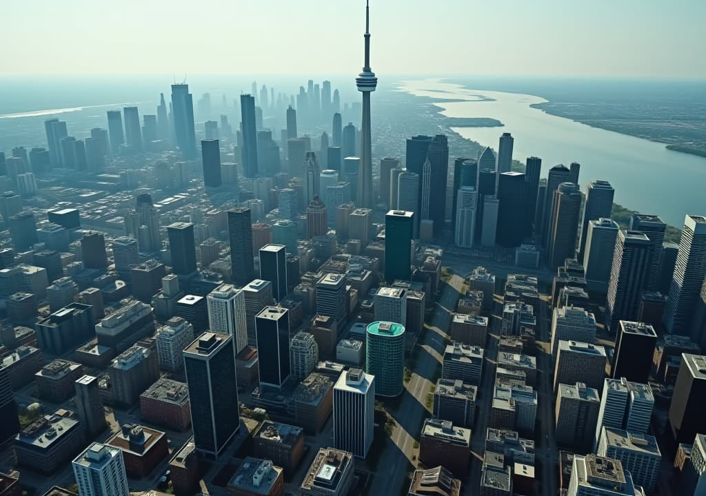  aerial view of toronto's diverse neighborhoods, showcasing the cn tower, lake ontario shoreline, and a mix of modern skyscrapers and historic buildings, with green spaces and ravines cutting through the urban landscape., in the style of pixel art hyperrealistic, full body, detailed clothing, highly detailed, cinematic lighting, stunningly beautiful, intricate, sharp focus, f/1. 8, 85mm, (centered image composition), (professionally color graded), ((bright soft diffused light)), volumetric fog, trending on instagram, trending on tumblr, HDR 4K, 8K