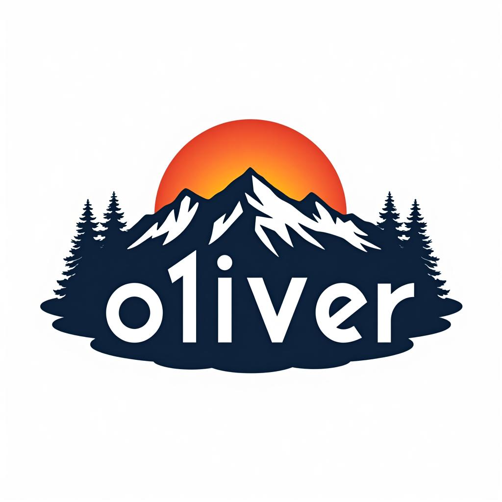  design a logo, custom sticker design on an isolated white background with the bold words ‘oliver’ with a backdrop of a mountain range, and silhouettes of pine trees at sunset