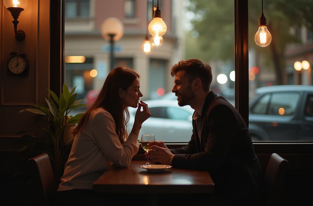  professional detailed photography, a couple in love chatting at a cafe ar 3:2, (muted colors, dim colors, soothing tones), (vsco:0.3)