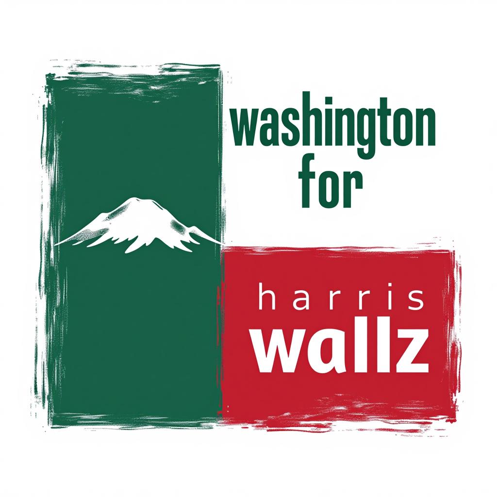  a tshirt design inspired by the washington state flag. the left side features a green vertical stripe with a large mountain in the center. the right side is divided into two horizontal sections: the top section is white with the text 'washington for' in bold, green, uppercase letters, and the bottom section is red with the text 'harris walz' in bold, white, uppercase letters. the overall layout is clean and straightforward, with a clear and patriotic color scheme of blue, white, and red.