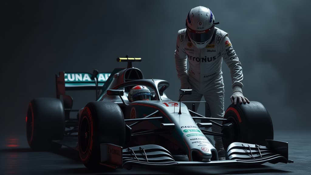  generate an ultra realistic image capturing the uncertainty surrounding former f1 champion jenson button's future in the wec. show button in a sleek racing suit, surrounded by shadows symbolizing doubt. include elements like a racing car, manufacturer logos (porsche and cadillac), and contract papers. use dramatic lighting to convey the intensity of discussions about his racing career. ensure anatomical accuracy in button's depiction and focus on intricate details to highlight the complexity of