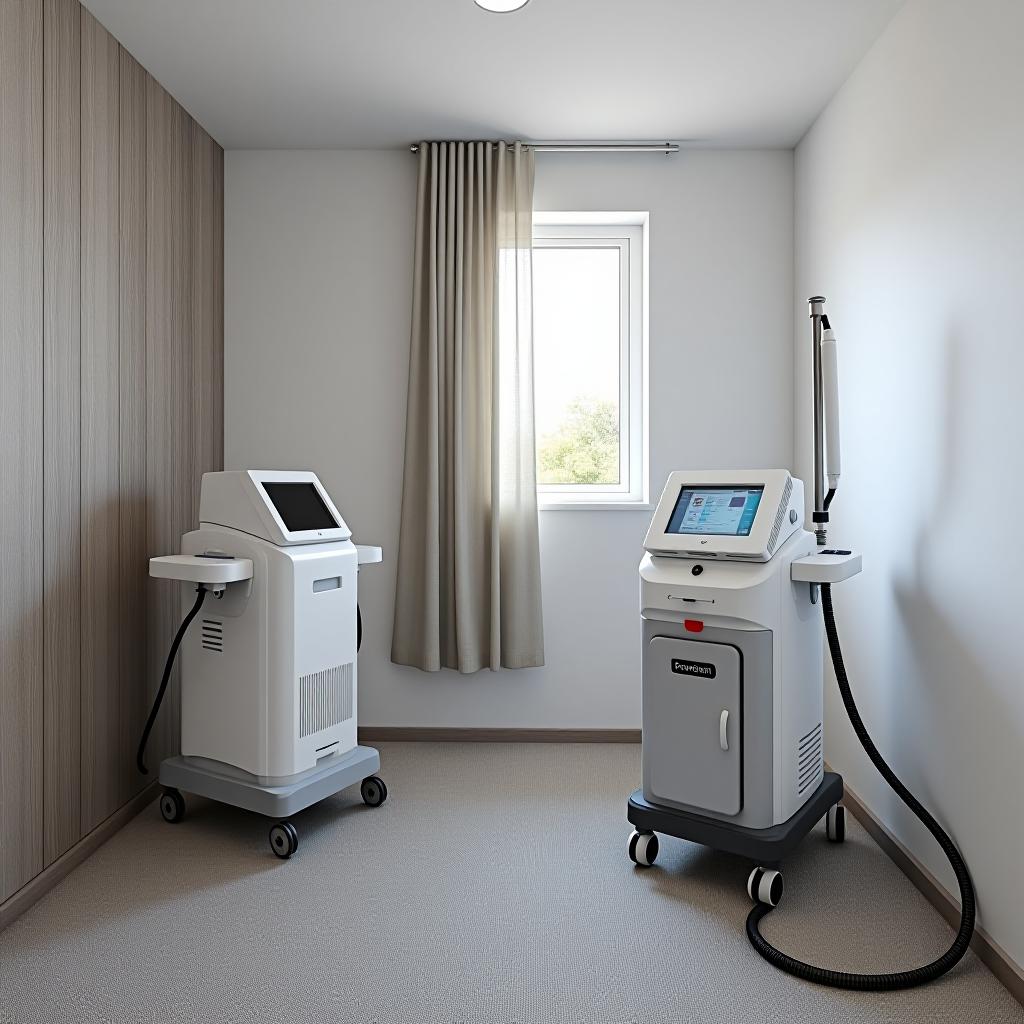  a laser hair removal room with 2 different machines 1 diode laser for hair removal and 1 photoepilation device.