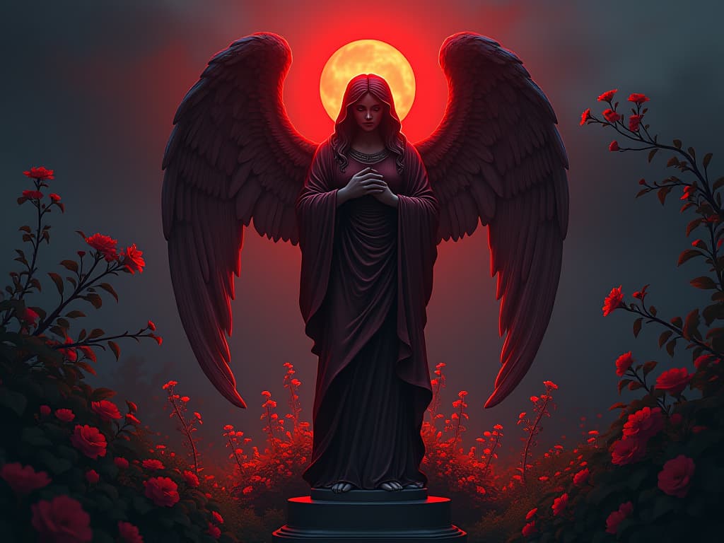  statue of a guardian angel in red, weathered but illuminating, surrounded by flourishing garden, mood of perseverance, integrity, and positive relationships. the style is digital art illustration / modern comic book / graphic dark novel fantasy and mysterious occult, symbolic, moody lighting, esoteric vibe,high detail on character design. for the color scheme emphasize blacks and reds.