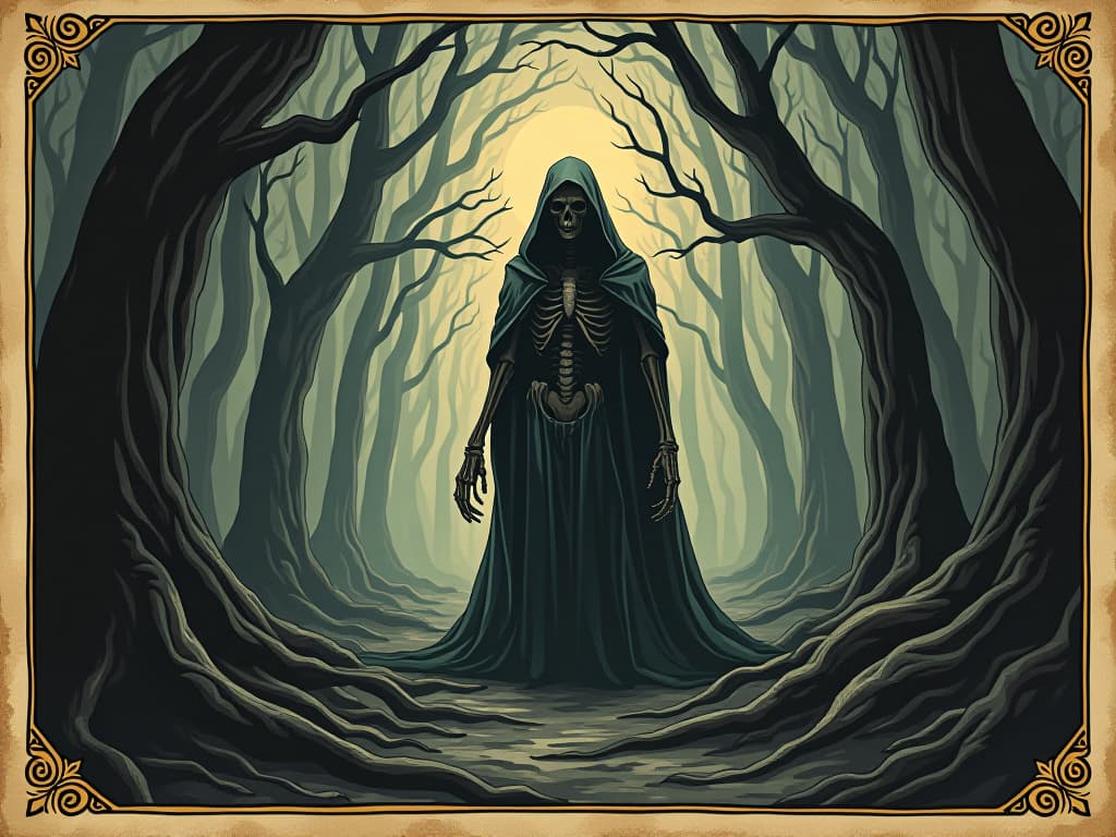  koschei the deathless in a dark, twisted forest, fragmented soul radiating chaotic energy, skeletal figure dominating the scene, eerie and foreboding, dark new age theme. an illustration in the style of a worn, mystical old tarot trump card, mysterious and elements of surrealism. the colors are muted, somber and eerie, but with contrast bring out an occult and esoteric vibe.